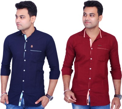 La Milano Men Solid Casual Dark Blue, Maroon Shirt(Pack of 2)