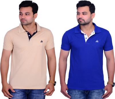 La Milano Solid Men Polo Neck Blue, Beige T-Shirt