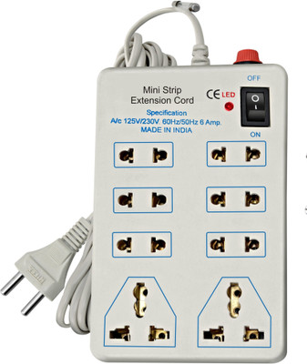 

S.Blaze Heavy Duty 8 in 1 White Mini Strip / Power Strip / Extension Cord, with On / Off Switch & LED Indicator with 3-4m lengthy wire and Free 1 Amp. Fuse, 6 Two Pin Socket + 2 A Three Pin Socket