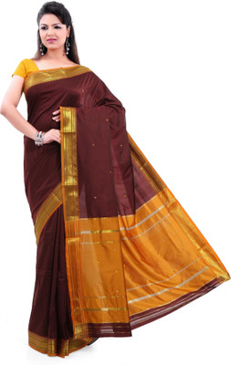 

Ishin Striped, Floral Print Art Silk Saree(Brown)