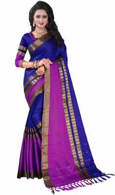 Bombey Velvat Fab Self Design, Striped Kanjivaram Cotton Blend, Silk Blend Saree(Purple, Blue)