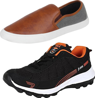 

Aero 02 Pair Combo Power Play Running and Canvas Sneakers For Men(Black, Orange, Brown, Grey