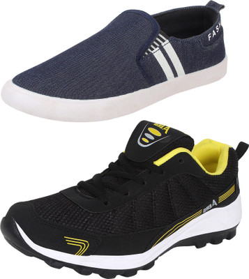 

Aero 02 Pair Combo Power Play Running and Canvas Running Shoes For Men(Black, Yellow, Blue