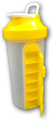 

Upneja Hnadloom Medicine Organizer Water Bottle With Flip top Cap - Inbuilt 7 Day Removable Pills And Medicine Table Organizer 600 ml Shaker(Pack of 1, Yellow)