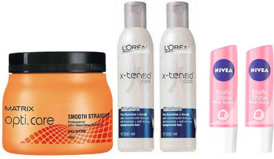 

Matrix Opticare Smooth & Straight Hair Spa With Loreal Professionnel Paris X-Tenso Care Shampoo with nivea lip balm(Set of 5)