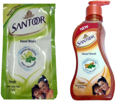 

SANTOOR CLASSIC SANDALWOOD & TULSI HANDWASH 215 ML +FRESH SWEER LIME PEEL & TULSI HANDWASH 180 ML(215 ml, Pump Dispenser)