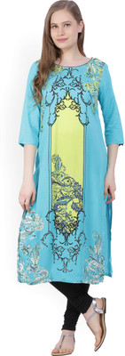 Aurelia Women Printed Straight Kurta(Blue, Black, Yellow)