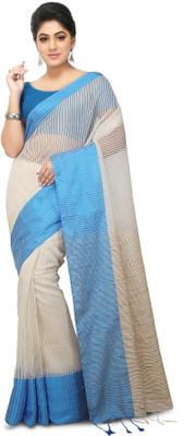 crochetin Woven Daily Wear Cotton Blend Saree(White, Blue)