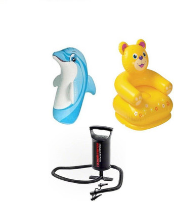 

K T BROTHERS COMBO OF 3 FEET INFLATABLE HIT ME DOLPHIN AND 2.5 FEET INFLATABLE TEDDY CHAIR WITH AIR PUMP Inflatable Bouncer, Sofa/ Chair(Multicolor)