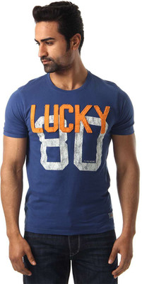 

Flying Machine Printed Men's Round Neck Blue T-Shirt, True navy