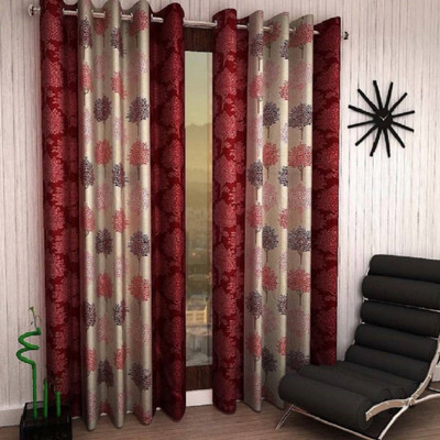 Phyto Home 152 cm (5 ft) Polyester Semi Transparent Window Curtain (Pack Of 2)(Floral, Maroon)