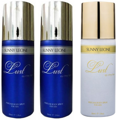 

Sunny Leone Two Lust Blue and One Lust White Perfume Body Spray Combo for Men Perfume Body Spray - For Men(450 ml, Pack of 3)