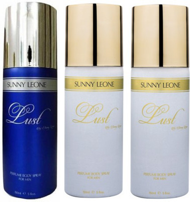 

Sunny Leone One Lust Blue and Two Lust White Perfume Body Spray Combo for Men Perfume Body Spray - For Men(450 ml, Pack of 3)