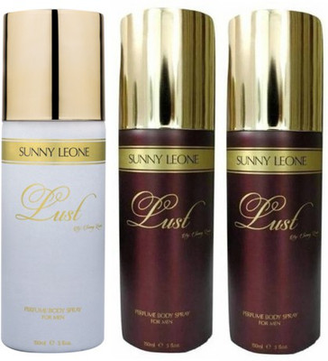 

Sunny Leone One Lust White and Two Lust Brown Perfume Body Spray Combo for Men Perfume Body Spray - For Men(450 ml, Pack of 3)