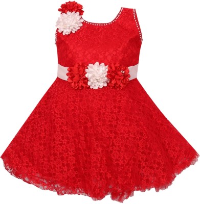 Wishkaro Girls Midi/Knee Length Party Dress(Red, Sleeveless)