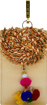 

Bagaholics Ethnic Raw Silk Saree Clutch Flower Brooch and Multicolor Pom Pom Mobile Pouch Waist Clip Ladies Purse Gift For Women Pouch(Gold)