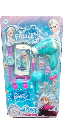 

TALKING GANESHA Frozen 12 Pieces Girls Fashion & Beauty Accessories set which includes watch, hair dryer with sound , lipstick, etc - Multicolor