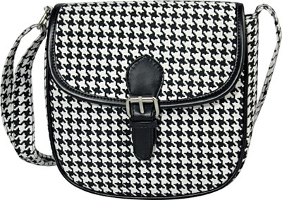 

DNZ Women Casual Black, White Canvas, Leatherette Sling Bag
