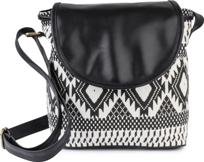 

DNZ Women Casual Black, White Canvas, Leatherette Sling Bag
