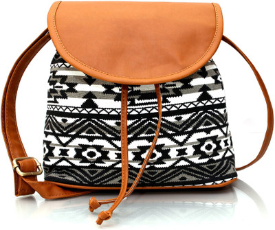 

DNZ Women Casual Black, White Canvas, Leatherette Sling Bag