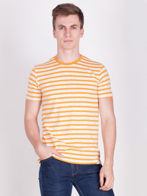 FORCE NXT Striped Men Round or Crew Orange T-Shirt