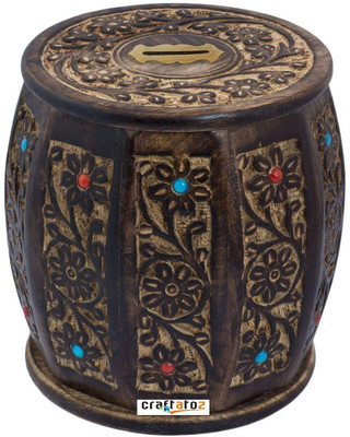 

craftgasmic Crafts A to Z Antique Crafts A to Z Wooden Money Bank Barrel Shape Coin Bank | Piggy Bank for Kids & Adults with Lock | Money Saving Box Decorative Return Gifts For All ( Brown )3.5x3.5x5 LxBxH Inches Coin Bank(Brown)