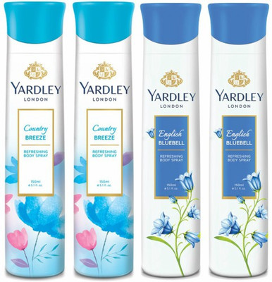 

Yardley London Two Country Breeze & Two English Bluebell Deodorant Combo for Women Body Spray - For Women(600 ml, Pack of 4)