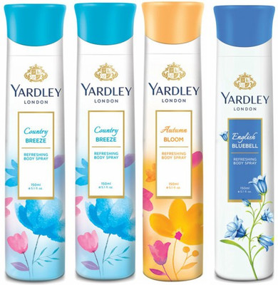 

Yardley London Two Country Breeze & One Autumn Bloom & One English Bluebell Deodorant Combo for Women Body Spray - For Women(600 ml, Pack of 4)