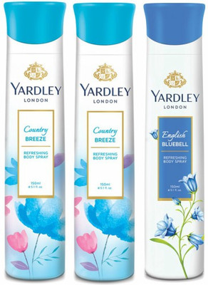 

Yardley London Two Country Breeze & One English Bluebell Deodorant Combo for Women Body Spray - For Women(450 ml, Pack of 3)
