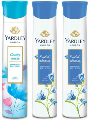 

Yardley London One Country Breeze & Two English Bluebell Deodorant Combo for Women Body Spray - For Women(450 ml, Pack of 3)