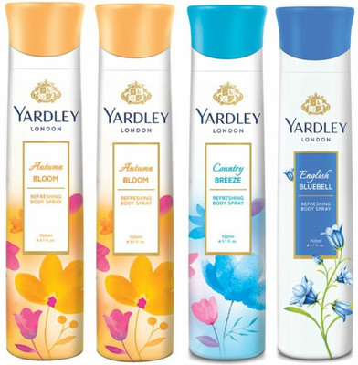 

Yardley London Two Autumn Bloom & One Country Breeze & One English Bluebell Deodorant Combo for Women Body Spray - For Women(600 ml, Pack of 4)