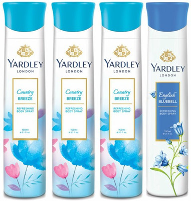 

Yardley London Three Country Breeze & One English Bluebell Deodorant Combo for Women Body Spray - For Women(600 ml, Pack of 4)