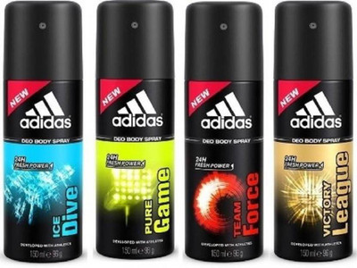 

ADIDAS ICE DIVE + PURE GAME + TEAM FORCE + VICTORY LEAGUE Deodorant Spray - For Men Deodorant Spray - For Men(150 ml, Pack of 4)