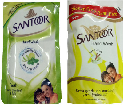 

SANTOOR FRESH SWEET LIME PEEL & TULSI HANDWASH 180 ML+ EXTRA GENTLE MOISTURISING GERM PROTECTION HANDWASH 180 ML.(180 ml, Pouch, Pack of 2)
