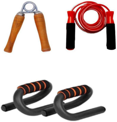 

HOMMER S SHAPE PUSH UP BAR, JUMPING ROPE AND WOODEN HAND GRIP Gym & Fitness Kit