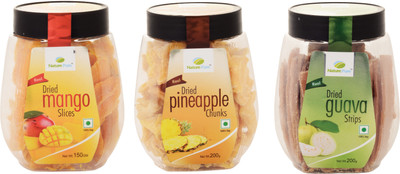 

Nature Pure Dried Fruits- Mango Slices, Pineapple Chunks and Guava Strips (150g+200g+200g) Pack of 3 Assorted Fruit(550 g, Plastic Bottle)