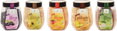 

Nature Pure Dried Fruits - Jamun Strips, Jackfruit Slices, Mango Slices, Pineapple Chunks and Guava Strips (150g+200g+150g+200g+200g) Pack of 5 Assorted Fruit(900 g, Plastic Bottle)