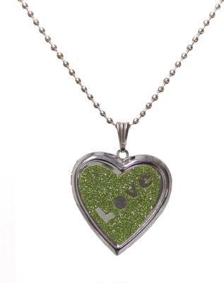 MPA Love Embossed Green Colored Openable Heart Photo Insert Locket Silver Stainless Steel Locket