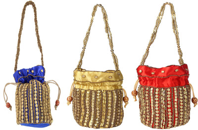 

SUVASANA Jaipur Women Handmade Festive Multicolor Wedding Gift Potli Potli(Gold, Blue), Blue;gold