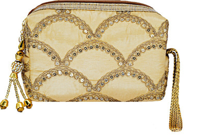 

Bagaholics Ethnic Raw silk Multipurpose Pouch Girls hand Clutch Hand Pouch with Embroidery Pouch(Gold)