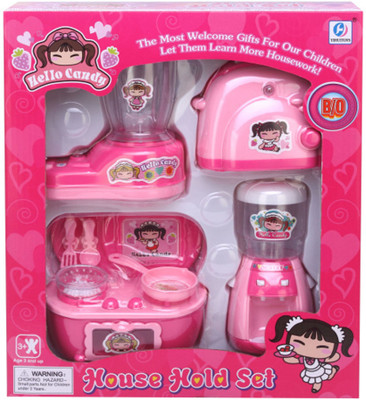 

TALKING GANESHA Household Appliances Set with Toaster + Stove + Fruit Mixer + Water dispenser with lights, motion & sound for kids toy