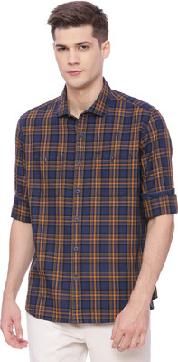 BASICS Men Checkered Casual Dark Blue Shirt