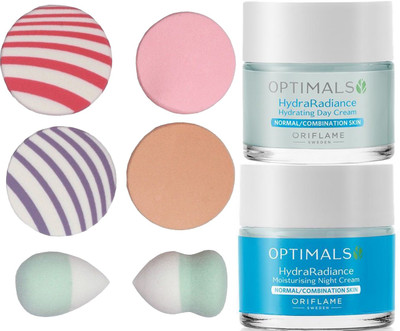 

Oriflame Sweden OPTIMALS Hydra Radiance Day & Night Cream Normal/Combination Skin 50+50ml (32462 & 32463) with Puff Sponge(Set of 8)