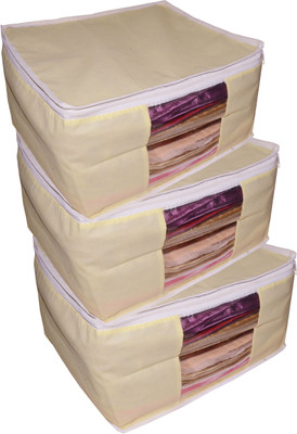 

Funkroo High Quality Pack of 3 Non Woven 10inch Designer Height Saree Cover Gift Organizer bag vanity pouch Keep saree/Suit/Travelling Pouch(Cream)