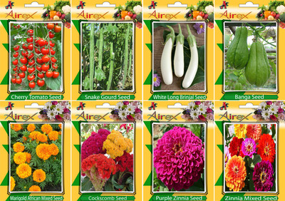 

Airex Tomato Cherry, Snake Gourd, White Long Brinjal, Banga, Cockscomb, Purple Zinnia , Kochia and Marigold African Mixed Seed (Pack Of 15 Seed * 8 Per Packet Seed(15 per packet)