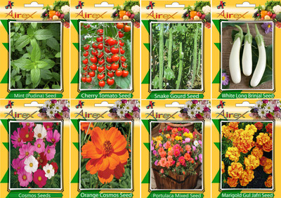 

Airex Mint, Tomato Cherry, Snake Gourd, White Long Brinjal, Cosmos Mixed, Orange Cosmos, Portulaca Mixed and Marigold Gul Jafri (Summer) Seed (Pack Of 20 Seed * 8 Per Packet Seed(20 per packet)