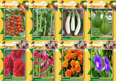 Airex Tomato Cherry, Snake Gourd, White Long Brinjal, Banga, Gomphrena Mixed, French Marigold , Morning Glory and Gaillardia Double Red Seed (Pack Of 20 Seed * 8 Per Packet Seed(20 per packet)