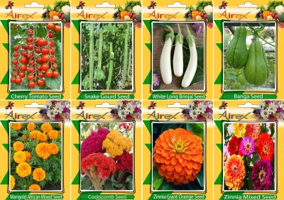 Airex Tomato Cherry, Snake Gourd, White Long Brinjal, Banga, Cockscomb, Purple Zinnia , Zinnia Mixed and Marigold African Mixed Seed (Pack Of 20 Seed * 8 Per Packet Seed(20 per packet)