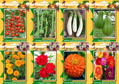 Airex Tomato Cherry, Snake Gourd, White Long Brinjal, Banga, Cockscomb, Orange Cosmos , Zinnia Mixed and Marigold African Mixed Seed (Pack Of 15 Seed * 8 Per Packet Seed(15 per packet)