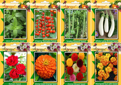 

Airex Mint, Tomato Cherry, Snake Gourd, White Long Brinjal, Balsam, Orange Zinnia, Zinnia Mixed and Marigold Gul Jafri (Summer) Seed (Pack Of 15 Seed * 8 Per Packet Seed(15 per packet)